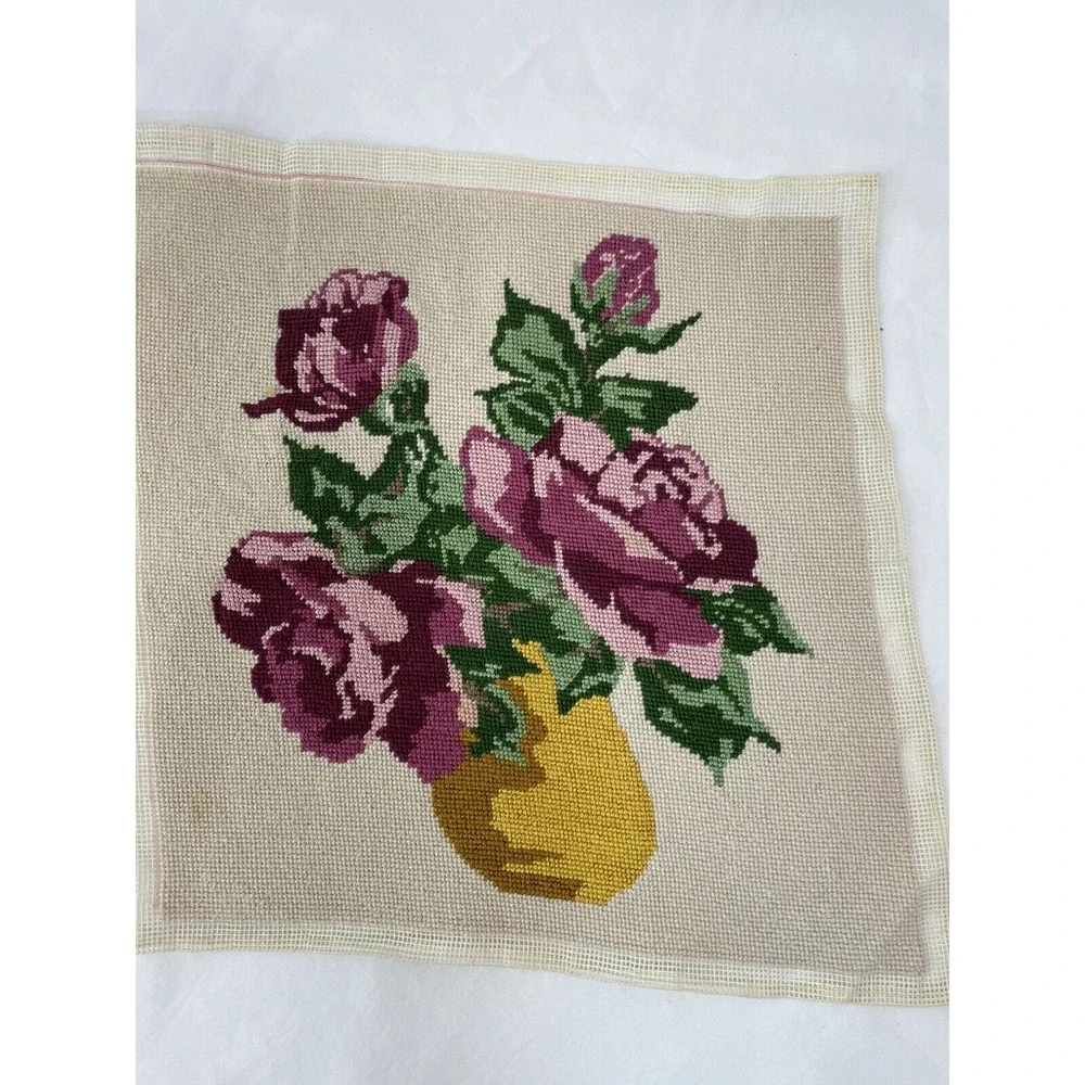 Vintage Needlepoint  13x13 Completed Unframed Pink Roses in Gold Vase‎